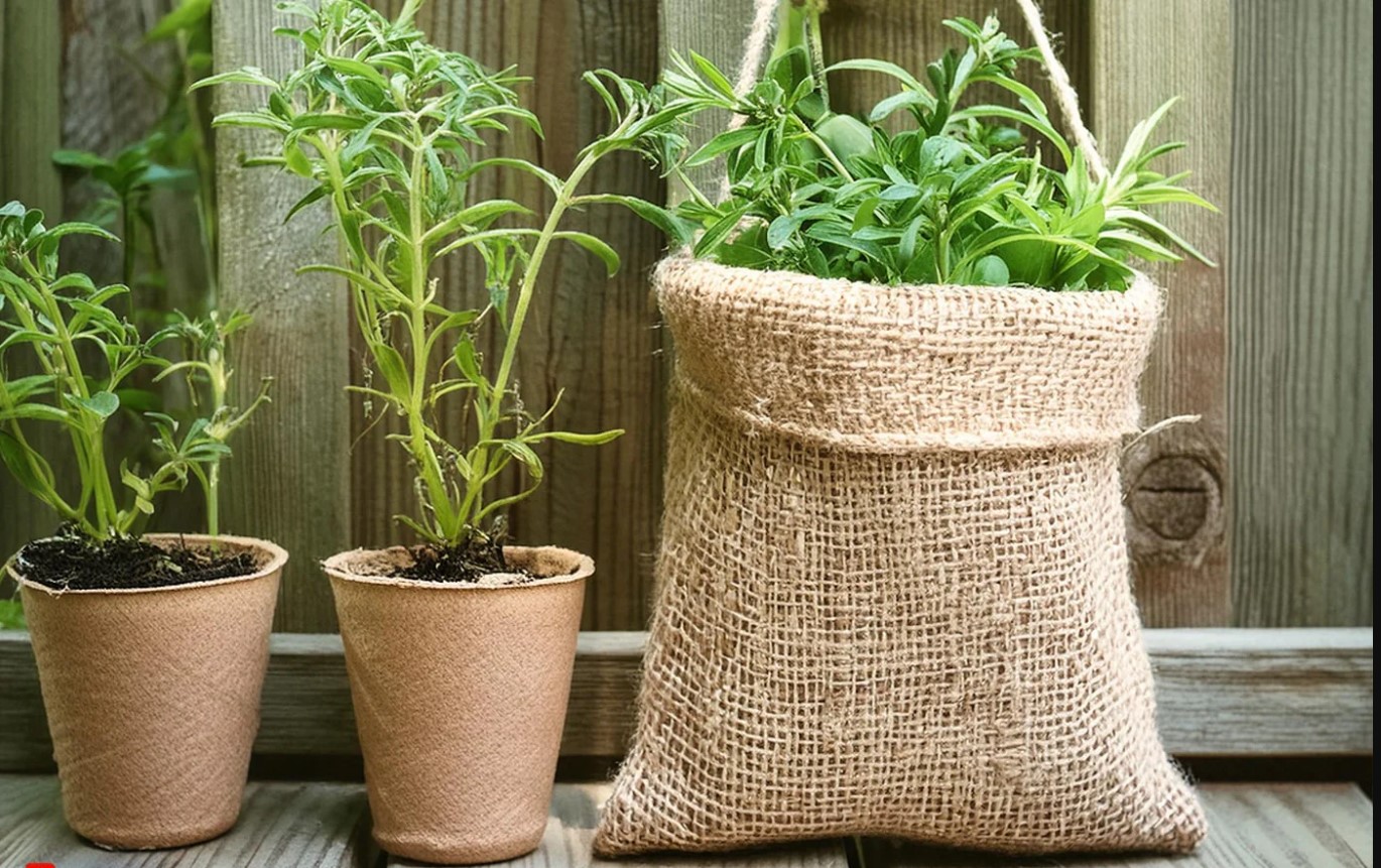 Burlap sacks and cloth protecting plants and tree roots in a garden