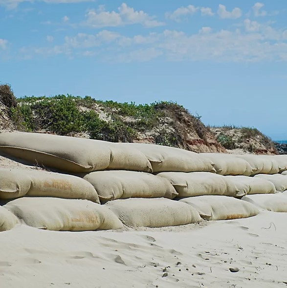 Burlap sandbags used for flood control and erosion barriers